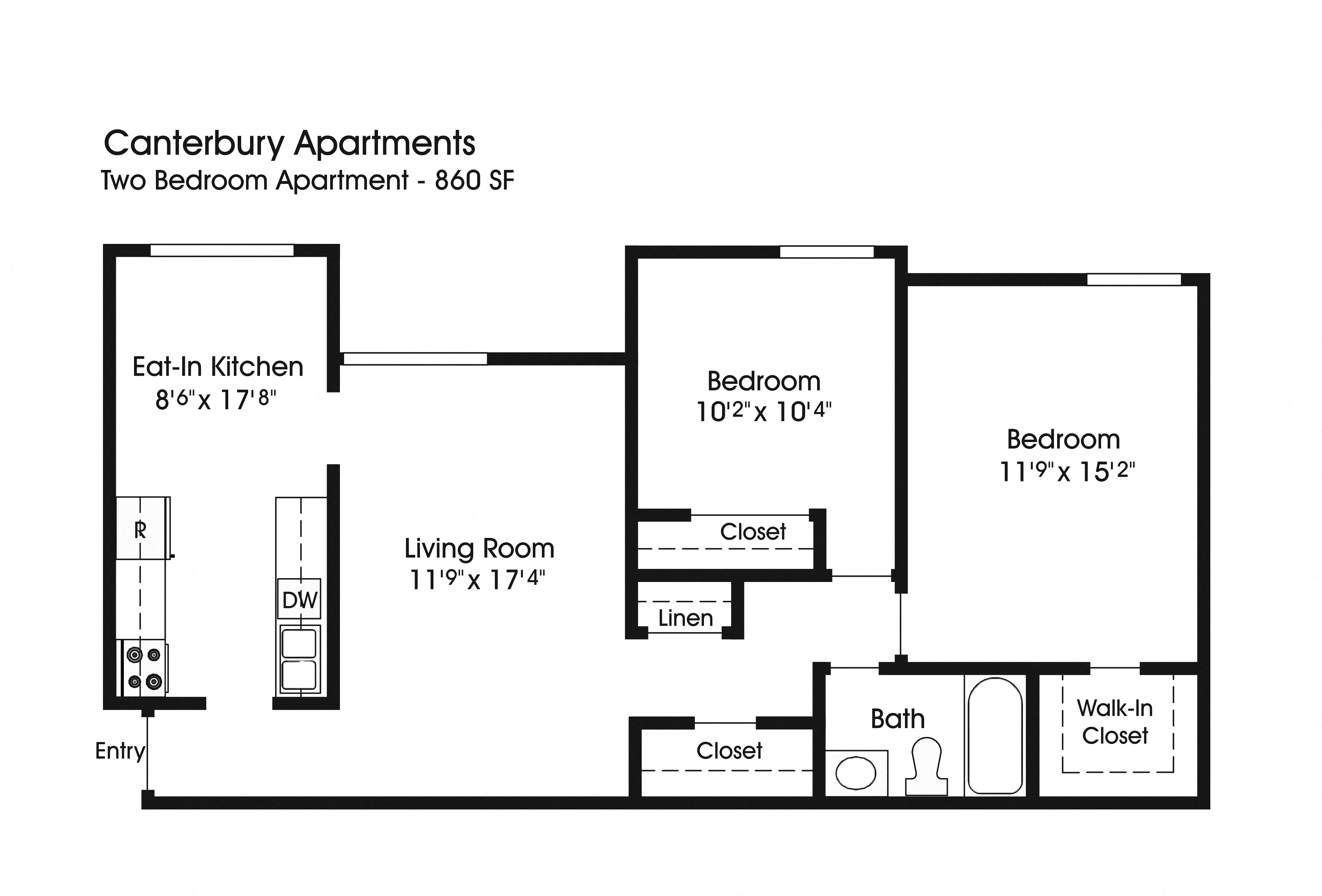Floor plan for 2 beds, 1 bath, 860 sqft